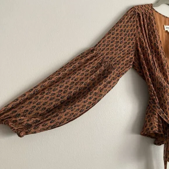 Anthropologie PORRIDGE Puff Long Sleeve Wrap Blouse Size Small Brown Floral - Picture 4 of 8